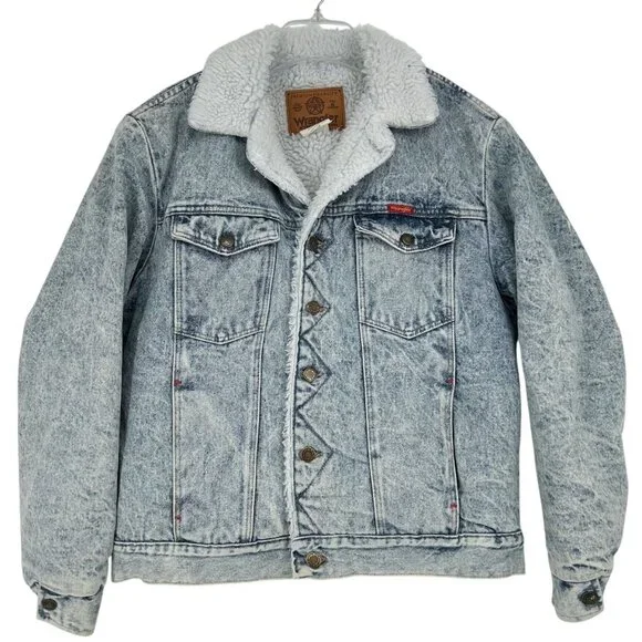 Vintage 80s Wrangler Trucker Jean Jacket Acid Snow Wash Sherpa Western Outlaw M - Picture 1 of 16
